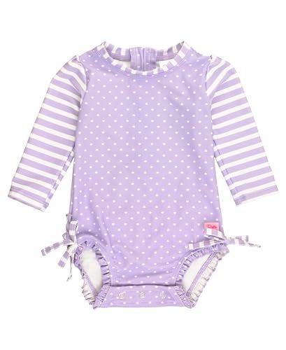 RuffleButts Baby Girls UPF 50 Sun Protection Polka Dot Long Sleeve One Piece Rash Guard Swimsuit with Zipper Lavender Heart Polka 2T - Image 1