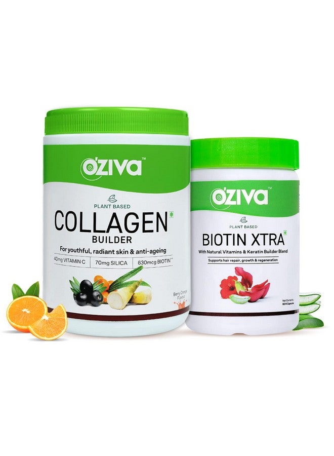 OZiva Plant Based Collagen Builder for Glowing & Youthful Skin | Collagen Powder for Women & Men | With Biotin, Silica & Vitamin C (Collagen Berry Orange + Biotin Xtra) - Image 1