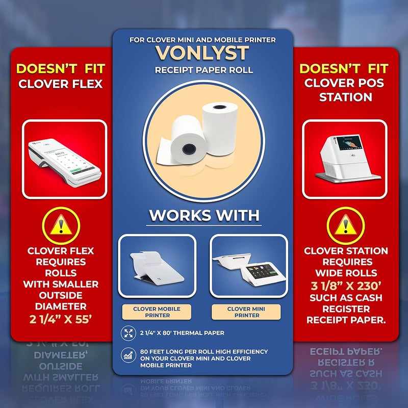 Vonlyst Receipt Paper for Clover Mini and Clover Mobile Thermal Printer 2 1/4 x 80 (10 rolls) - Image 2