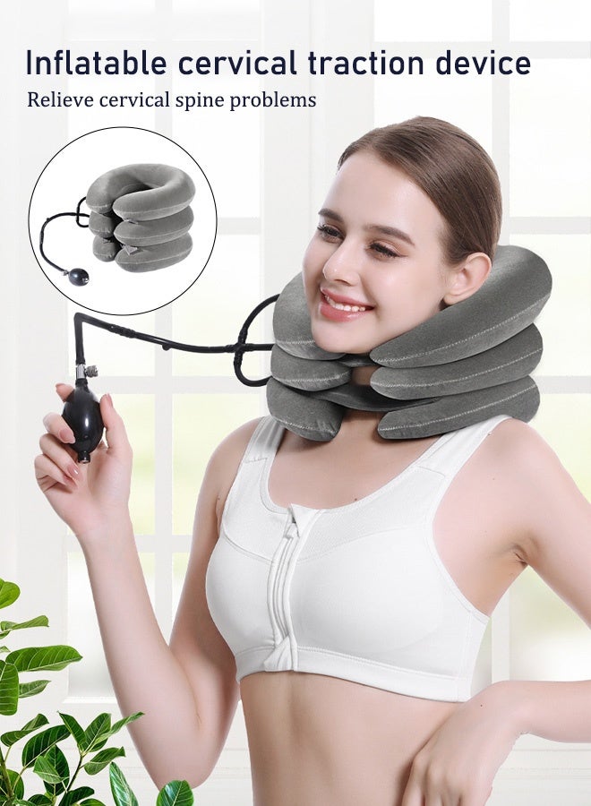 3 Tube Inflatable Cervical Neck Traction Device Adjustable Air Inflation Neck Traction – Portable Cervical Support Device with Pump - Image 1