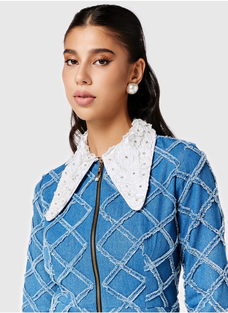 Threadz by Ajooni - Embellished Collar Denim Shirt Dress - Image 1