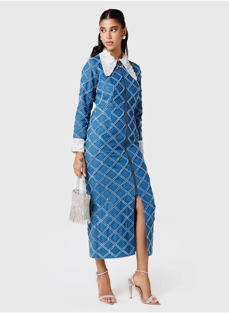 Threadz by Ajooni Embellished Collar Denim Shirt Dress