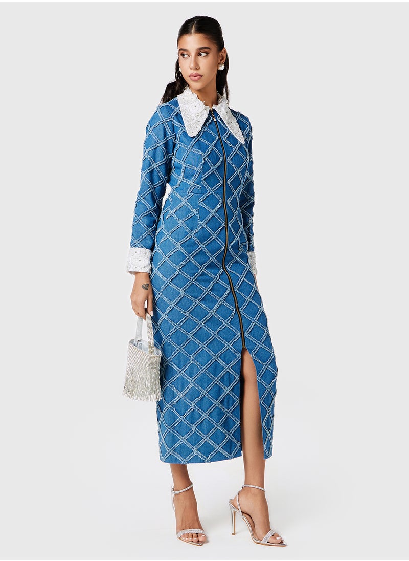 Threadz by Ajooni - Embellished Collar Denim Shirt Dress - Image 1