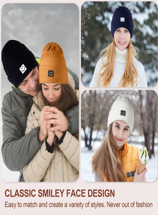Hispeka Winter Beanie Hats for Women Men 3Pack,Fleece Lined Womens Winter Hats with Smiley Face,Warm Cute Beanie for Cold Weather（Black+Navy Blue+Beige） - Image 4