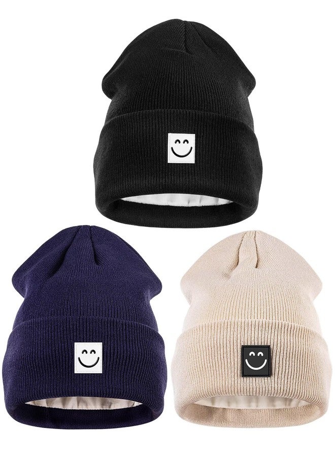 Hispeka Winter Beanie Hats for Women Men 3Pack,Fleece Lined Womens Winter Hats with Smiley Face,Warm Cute Beanie for Cold Weather（Black+Navy Blue+Beige） - Image 1