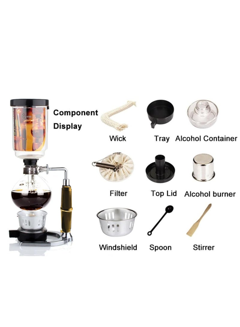 Liying 3cup Tabletop Siphon (Syphon) Coffee Maker with Alcohol Burner, Plastic Coffee Powder Spoon, Filter Cloth and Wooden Stirrer (Wooden Handle)  - Image 2