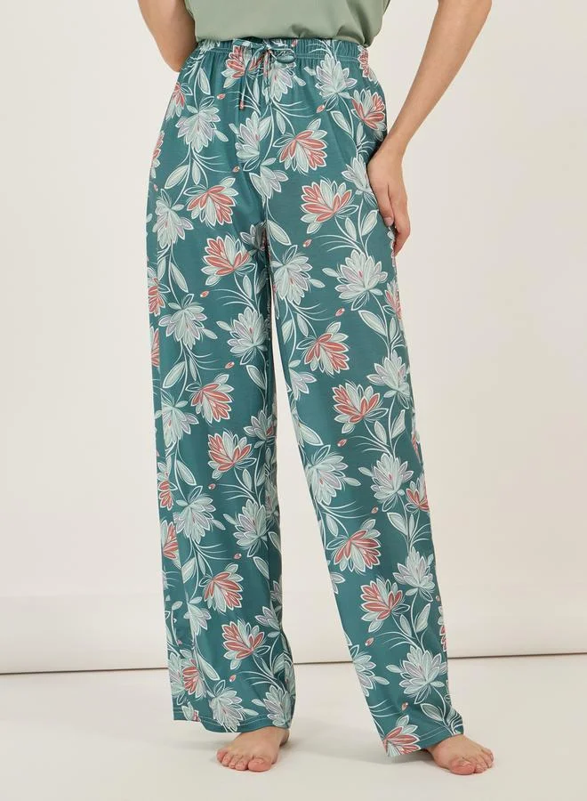 Styli Rib Placket T-Shirt & Floral Print Pyjama Set