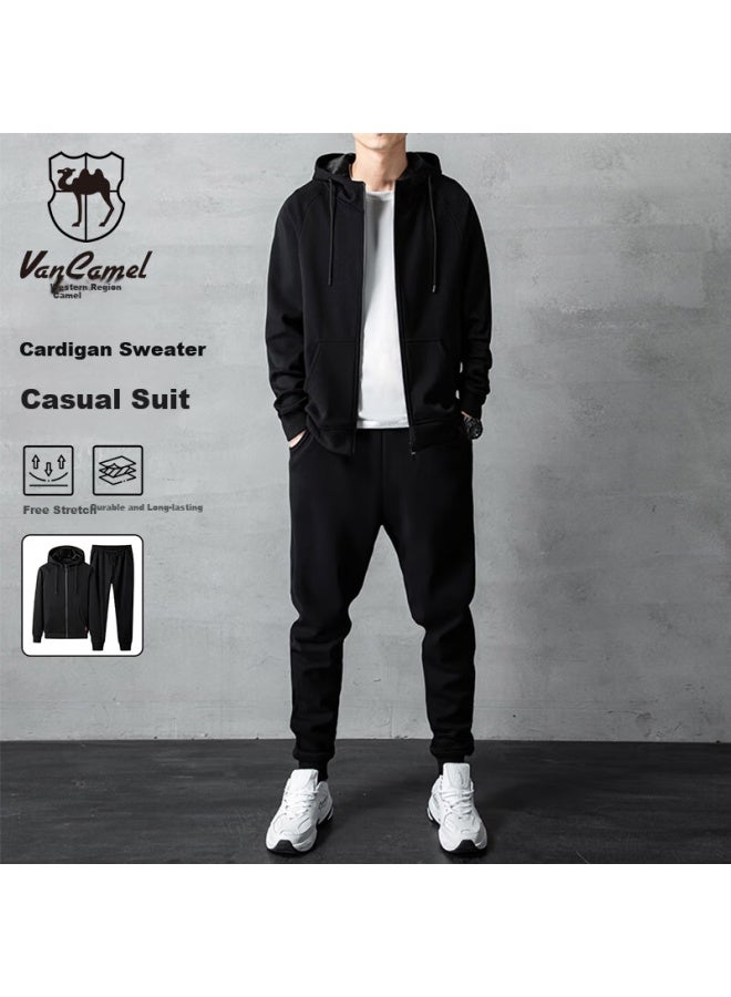 Vancamel Hoodie Set For Men, Spring And Autumn Sports Hooded Top With Long Pants, Casual Two-piece Outfit For Young Men, Black, Size L - Image 1