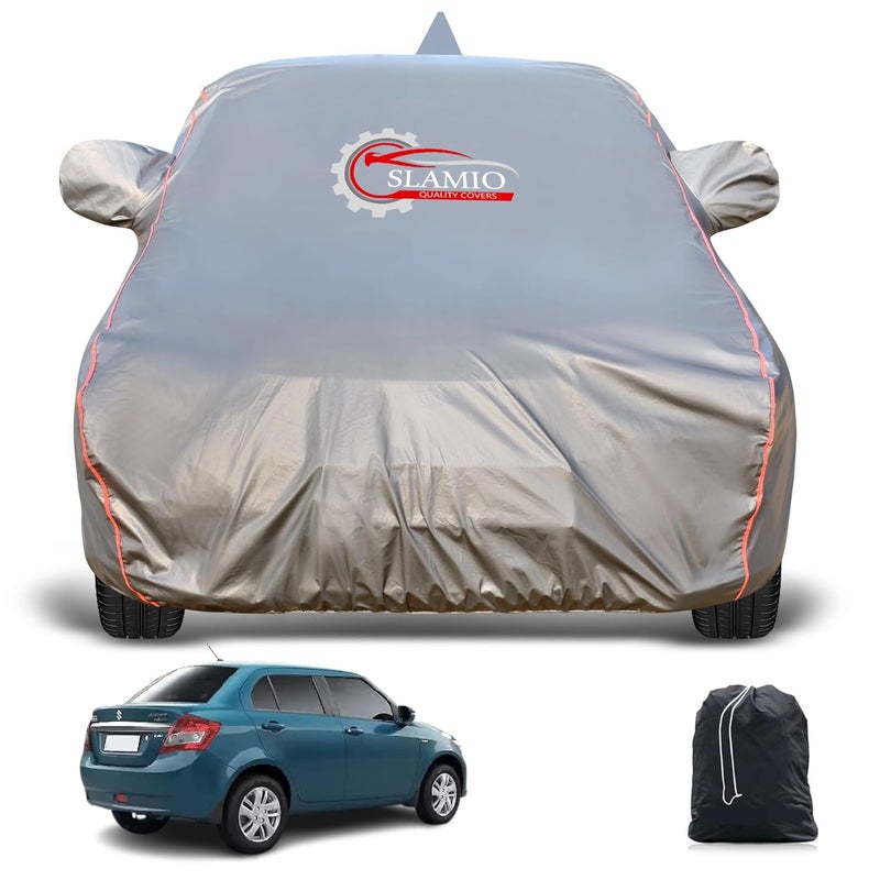 Slamio Heavy-Duty Car Body Cover for Maruti Suzuki Dzire (2012-2016) | Waterproof, Dustproof, UV Protection, Custom Fit, Heavy Belt & Buckle with Mirror & Antenna Pocket | Dark Grey - Image 1