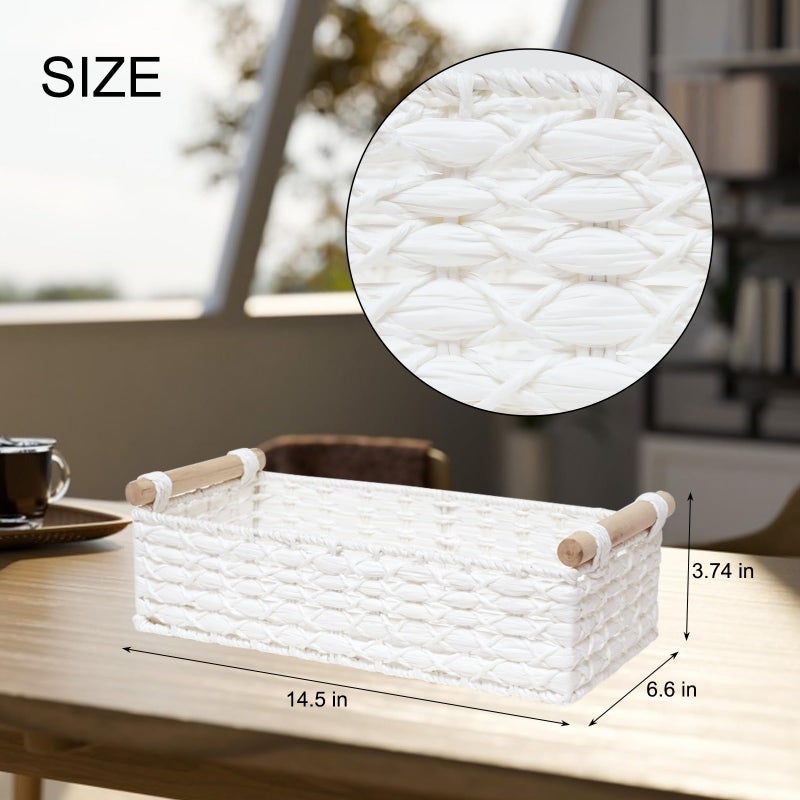 STOBSK Small Storage Basket Wicker Baskets for Organizing with Handle Decorative Storage Bins for Countertop Toilet Paper Basket for Toilet Tank Top Small Baskets Set,White - Image 2