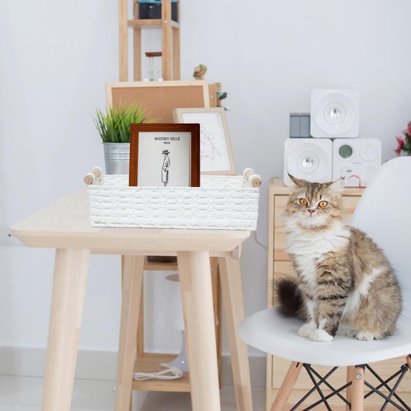 STOBSK Small Storage Basket Wicker Baskets for Organizing with Handle Decorative Storage Bins for Countertop Toilet Paper Basket for Toilet Tank Top Small Baskets Set,White - Image 3