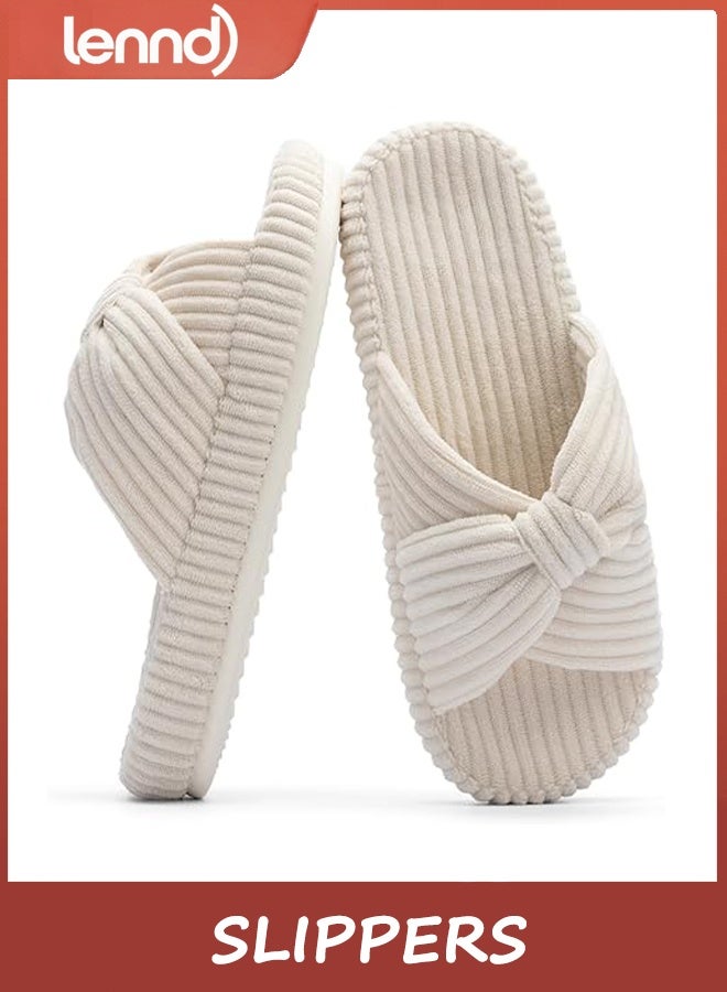 Lennd Slippers for Women Memory Foam House Bedroom Corduroy Bow Crossbands Slide Slipper Shoes Comfy Trendy Gift Slippers - Image 1