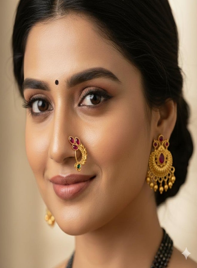 خاتم أنف تقليدي من ولاية ماهاراشترا للعرائس من AAIKU | خاتم أنف مطلي بالذهب مرصع بحجر أحمر | خاتم أنف بمشبك ضغط للنساء والفتيات - Image 2