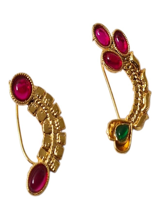 خاتم أنف تقليدي من ولاية ماهاراشترا للعرائس من AAIKU | خاتم أنف مطلي بالذهب مرصع بحجر أحمر | خاتم أنف بمشبك ضغط للنساء والفتيات - Image 1