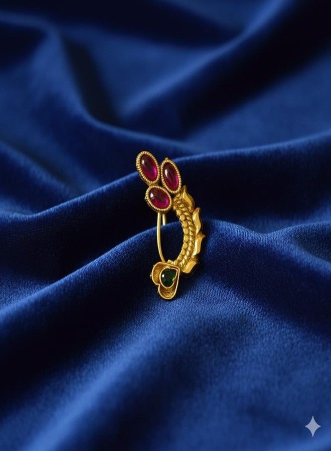 خاتم أنف تقليدي من ولاية ماهاراشترا للعرائس من AAIKU | خاتم أنف مطلي بالذهب مرصع بحجر أحمر | خاتم أنف بمشبك ضغط للنساء والفتيات - Image 4