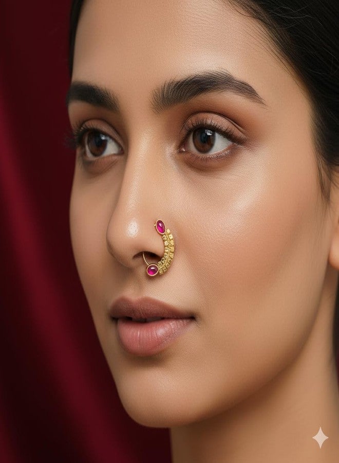خاتم أنف تقليدي من ولاية ماهاراشترا للعرائس من AAIKU | خاتم أنف مطلي بالذهب مرصع بحجر أحمر | خاتم أنف بمشبك ضغط للنساء والفتيات - Image 3