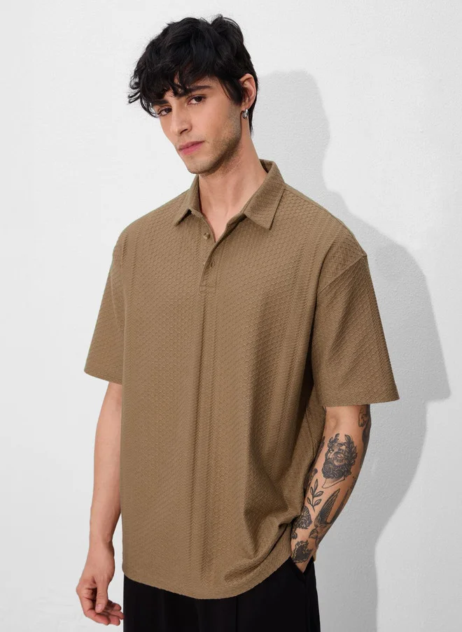 The Souled Store Men Oversized Textured Brown T-shirt