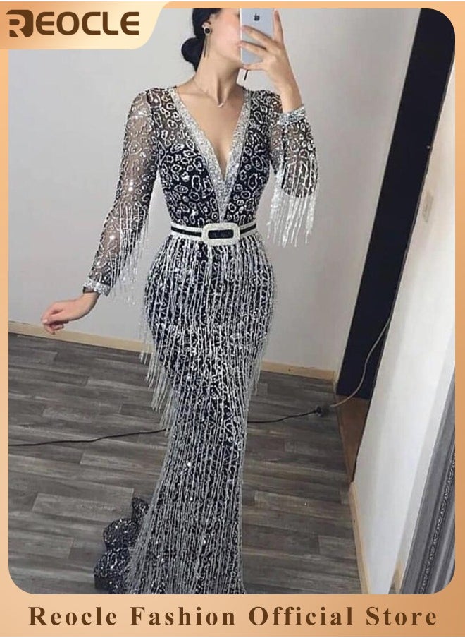 REOCLE Women's Sequin Dress Deep V-neck Glitter Bodycon Stretchy Evening Dress Long Sleeve Tassel Dress Party Dress Cocktail Dress for Ladies  - Image 1