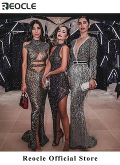 REOCLE Women's Sequin Dress Deep V-neck Glitter Bodycon Stretchy Evening Dress Long Sleeve Tassel Dress Party Dress Cocktail Dress for Ladies  - Image 2