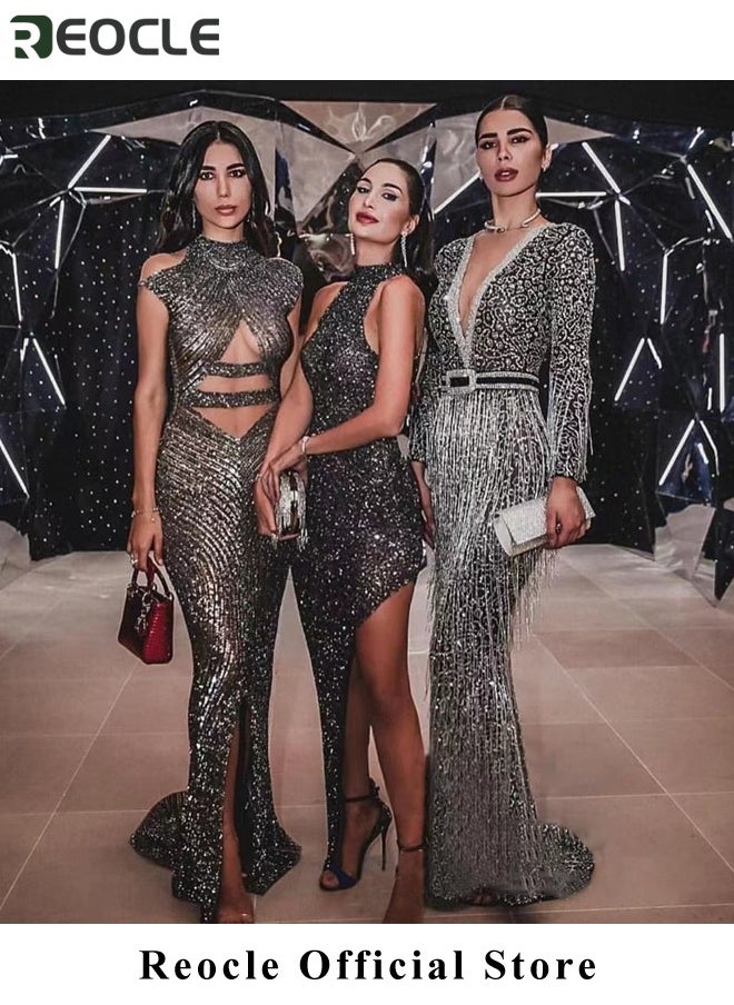 REOCLE Women's Sequin Dress Deep V-neck Glitter Bodycon Stretchy Evening Dress Long Sleeve Tassel Dress Party Dress Cocktail Dress for Ladies  - Image 2