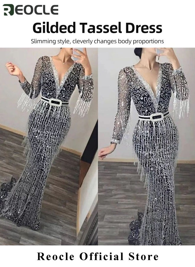 REOCLE Women's Sequin Dress Deep V-neck Glitter Bodycon Stretchy Evening Dress Long Sleeve Tassel Dress Party Dress Cocktail Dress for Ladies  - Image 3