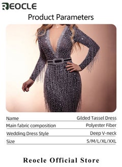 REOCLE Women's Sequin Dress Deep V-neck Glitter Bodycon Stretchy Evening Dress Long Sleeve Tassel Dress Party Dress Cocktail Dress for Ladies  - Image 4
