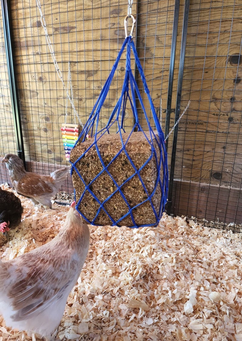 Muzzys Blue Chicken Coop Flock Block Bird Seed Hanging Bag Veggie Treat Holder - Poultry Feeder Toy Accessories Cabbage Bowl Sack - Holds 25 lb Pound Bird Seed Blocks, Poultry Run Wildlife Feeder - Image 4