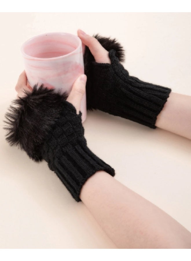 Shein 1pair Plain Knitted Fluffy Fingerless Gloves Arm Sleeves For Daily Life Party - Image 2