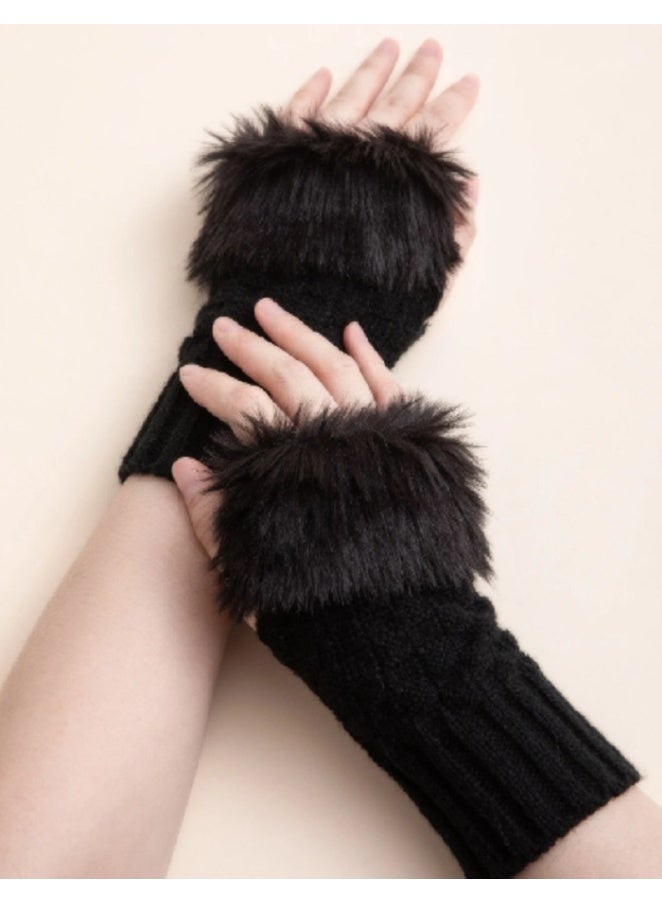 Shein 1pair Plain Knitted Fluffy Fingerless Gloves Arm Sleeves For Daily Life Party - Image 1