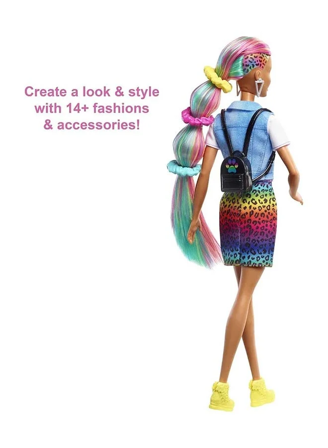 Barbie Doll Leopard Rainbow Hair Brunette With Color-Change Highlights & 16 Styling Accessories Including Clothes, Scrunchies, Brush And More
