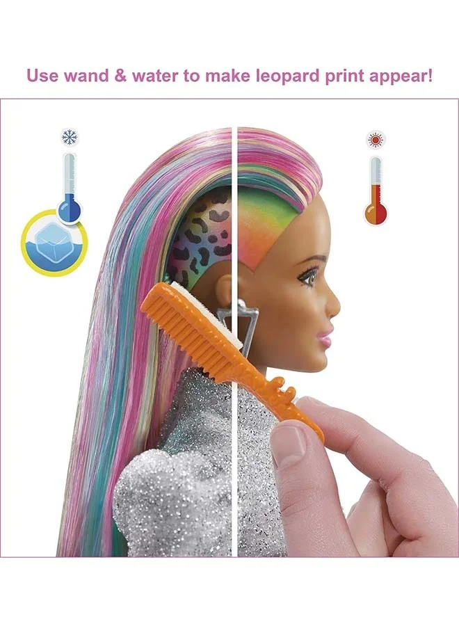 Barbie Doll Leopard Rainbow Hair Brunette With Color-Change Highlights & 16 Styling Accessories Including Clothes, Scrunchies, Brush And More
