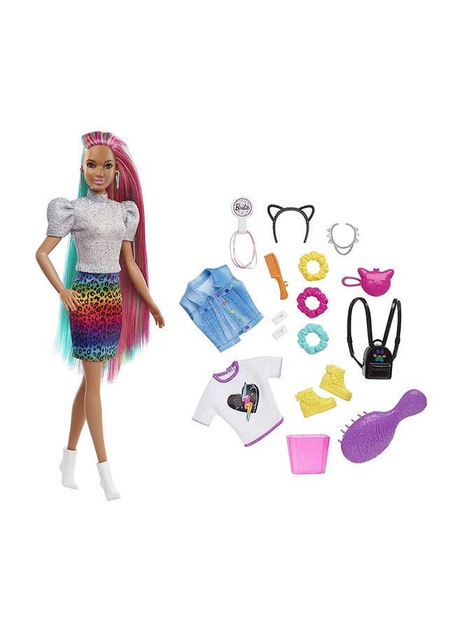 Barbie - دميّة نمور بشعر قوسي قزح بني مع تباينات لونية قابلة للتغيير و16 إكسسوار للتسريح بما في ذلك الملابس، وعقود، وفرشاة والمزيد - Image 1
