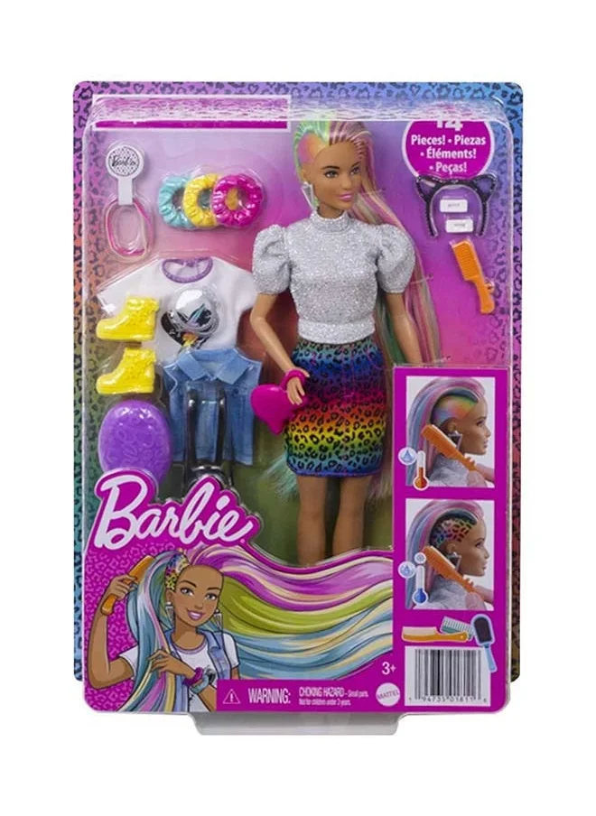 Barbie Doll Leopard Rainbow Hair Brunette With Color-Change Highlights & 16 Styling Accessories Including Clothes, Scrunchies, Brush And More