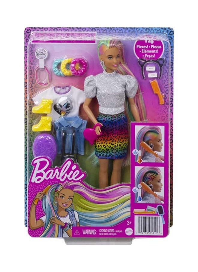 Barbie - دميّة نمور بشعر قوسي قزح بني مع تباينات لونية قابلة للتغيير و16 إكسسوار للتسريح بما في ذلك الملابس، وعقود، وفرشاة والمزيد - Image 1