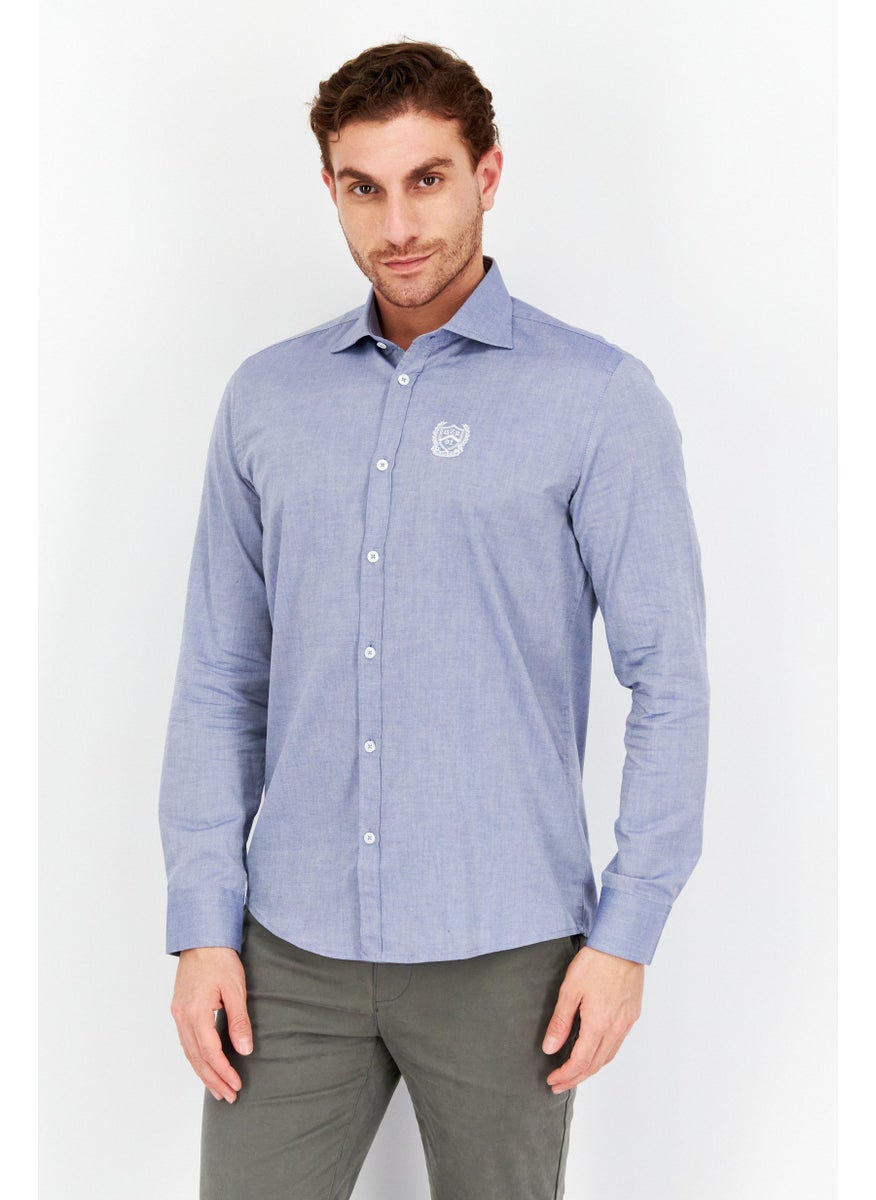 Gazzarrini Men Regular Fit Brand Logo Long Sleeves Plain Casual Shirt, Blue  - Image 1