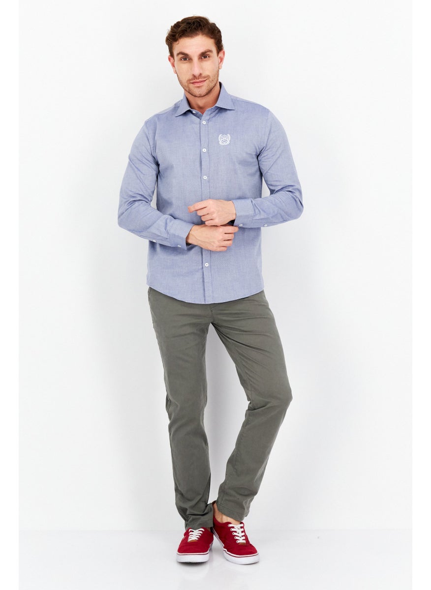 Gazzarrini Men Regular Fit Brand Logo Long Sleeves Plain Casual Shirt, Blue  - Image 3