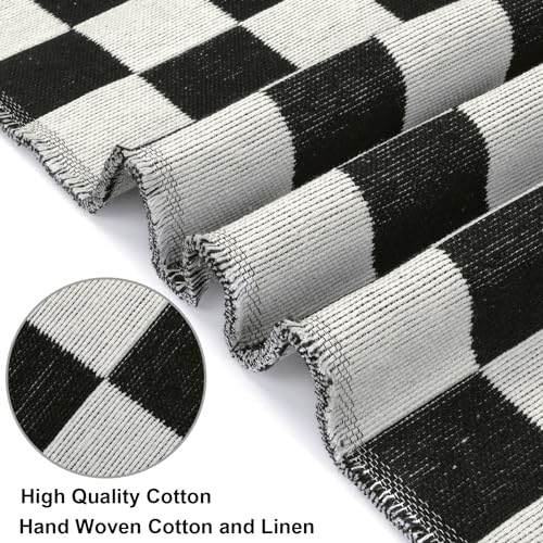 LEEVAN Black and White Checkered Outdoor Area Rug 5x7 ft Machine Washable Checkerboard Indoor Rug Extra Large Patio Rugs Woven Cotton Plaid Floor Carpet for Living Room/Balcony/Backyard - Image 5
