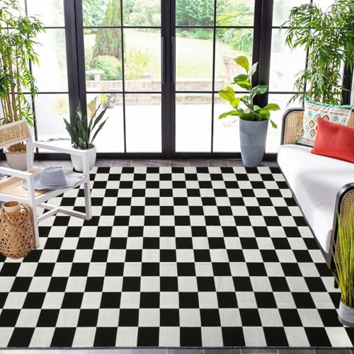 LEEVAN Black and White Checkered Outdoor Area Rug 5x7 ft Machine Washable Checkerboard Indoor Rug Extra Large Patio Rugs Woven Cotton Plaid Floor Carpet for Living Room/Balcony/Backyard - Image 2