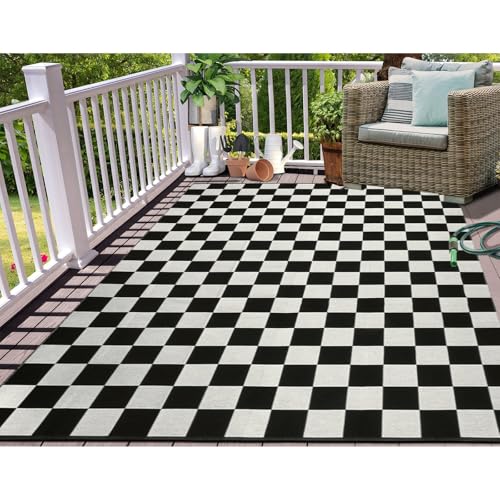 LEEVAN Black and White Checkered Outdoor Area Rug 5x7 ft Machine Washable Checkerboard Indoor Rug Extra Large Patio Rugs Woven Cotton Plaid Floor Carpet for Living Room/Balcony/Backyard - Image 1