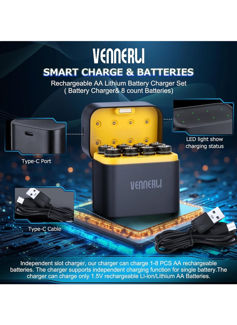 VENNERLI AA Rechargeable Lithium Battery Charger Set With Battery Charger & 8 count Batteries High Capacity Battery 3600mWh 1.5V One Battery Charging for 1200 Times(Set) (Set)