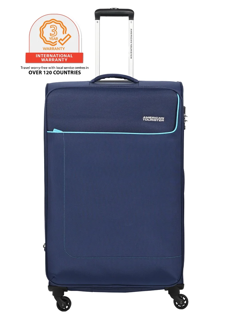 امريكان توريستر Jamaica suitcase, check-in size 69 cm / 25 inch, 4 spinner wheels, soft top, 100% polyester, navy|tsa combination lock|expandable|front pocket storage compartment|corner guard|retractable aluminum handle - 3 years international warranty
