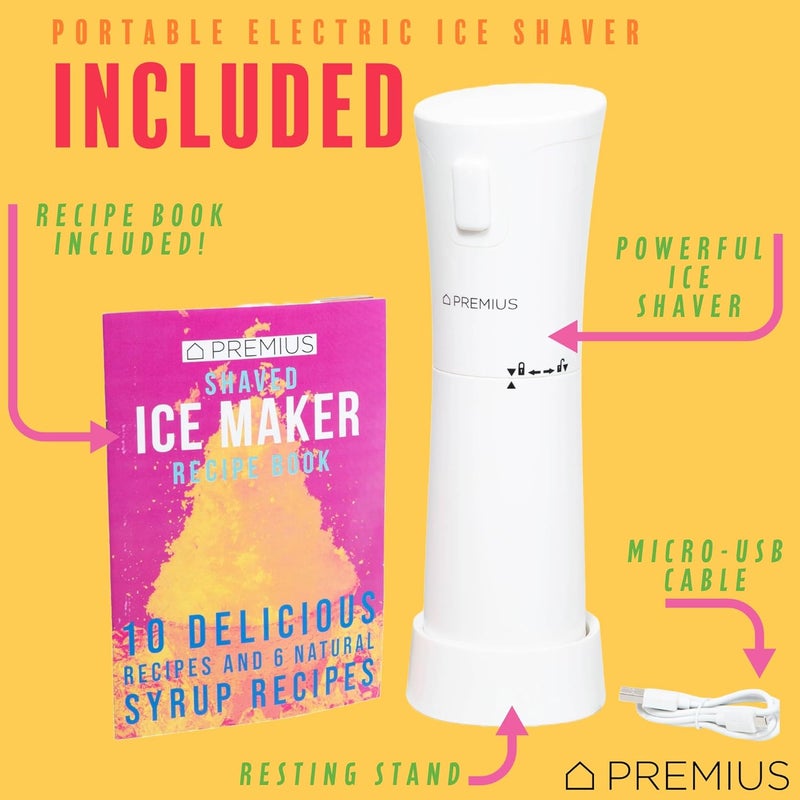 PREMIUS Cordless Shaved Ice Maker by – Lightweight, Rechargeable, Bonus Recipe Book, Resting Stand – Caribbean Shaved Ice! USB Cord Included – Up to 40 Snow Cones Per Charge! No Molds Needed! (White) - Image 5