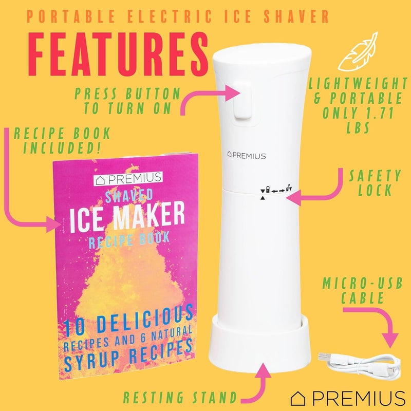 PREMIUS Cordless Shaved Ice Maker by – Lightweight, Rechargeable, Bonus Recipe Book, Resting Stand – Caribbean Shaved Ice! USB Cord Included – Up to 40 Snow Cones Per Charge! No Molds Needed! (White) - Image 2