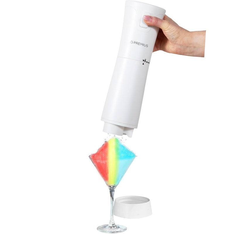 PREMIUS Cordless Shaved Ice Maker by – Lightweight, Rechargeable, Bonus Recipe Book, Resting Stand – Caribbean Shaved Ice! USB Cord Included – Up to 40 Snow Cones Per Charge! No Molds Needed! (White) - Image 1