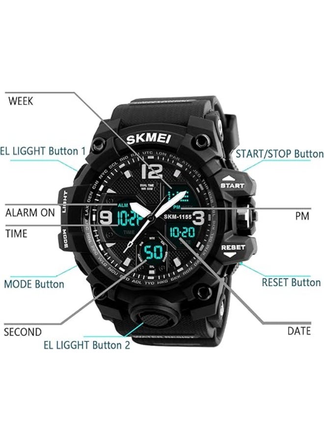 سكمي ساعة رقمية وتناظرية مقاومة للماء للرجال 1155B - 55 ملم - أسود - Image 5