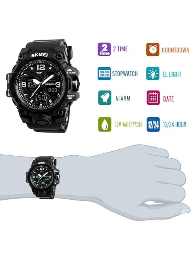 سكمي ساعة رقمية وتناظرية مقاومة للماء للرجال 1155B - 55 ملم - أسود - Image 4