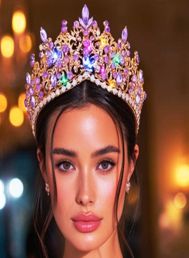 بريشو تيجان زفاف ذهبية مرصعة بأحجار الراين من بريشو، تيجان كريستالية مستوحاة من العصور الوسطى لحفلات كوينسينيرا، غطاء رأس لامع للمسابقات النسائية (بنفسجي) - Image 3