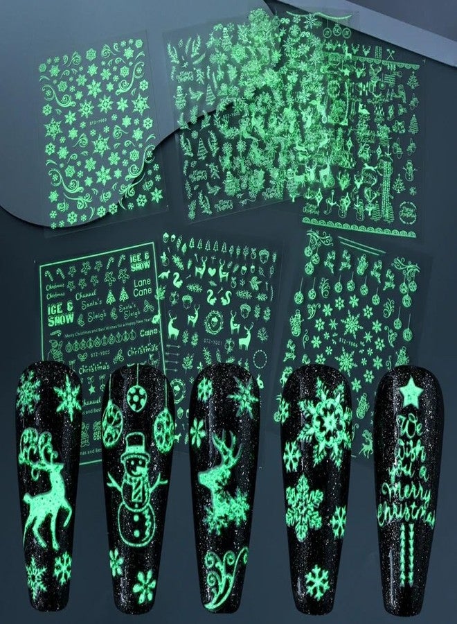 9 Sheets Christmas Glow in The Dark Nail Art Stickers Self-Adhesive Snowflake Nail Stickers Winter Holiday Snowman Santa Elk Design Xmas Snowflake Decoration Accessories (Christmas Nail Stickers) - Image 3