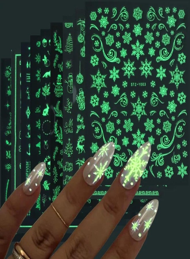 9 Sheets Christmas Glow in The Dark Nail Art Stickers Self-Adhesive Snowflake Nail Stickers Winter Holiday Snowman Santa Elk Design Xmas Snowflake Decoration Accessories (Christmas Nail Stickers) - Image 1