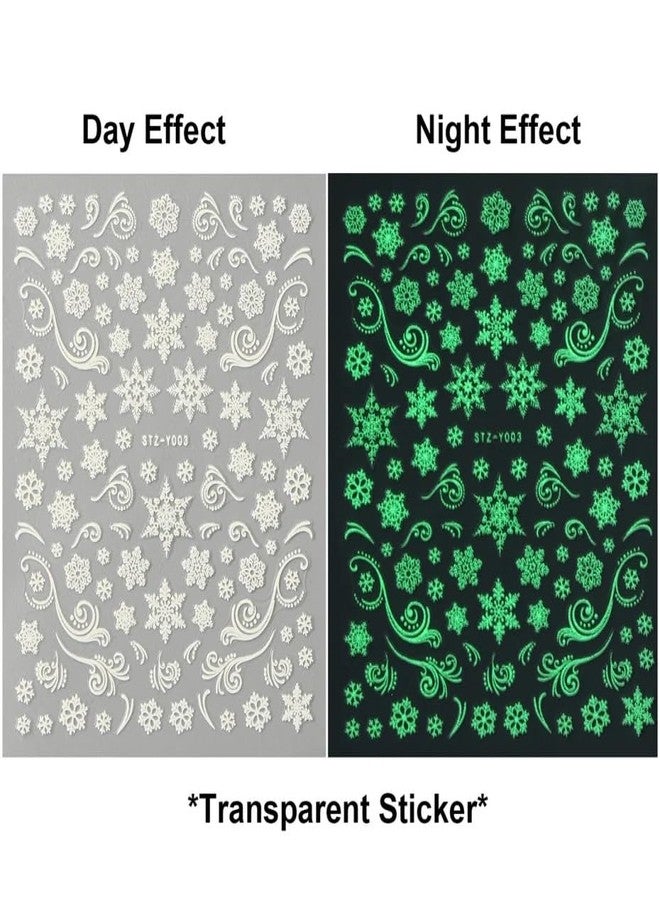 9 Sheets Christmas Glow in The Dark Nail Art Stickers Self-Adhesive Snowflake Nail Stickers Winter Holiday Snowman Santa Elk Design Xmas Snowflake Decoration Accessories (Christmas Nail Stickers) - Image 5